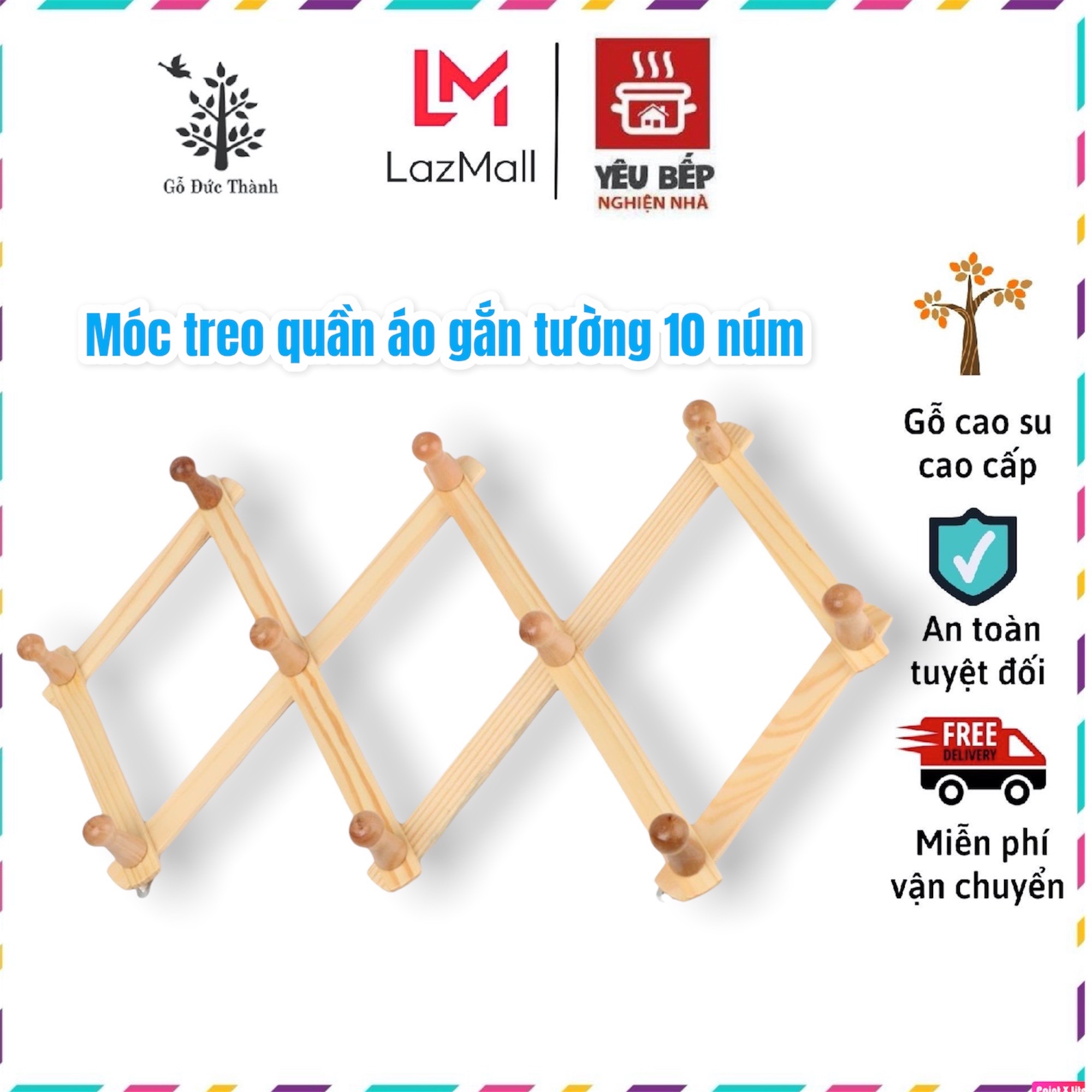 Móc treo quần áo, phụ kiện 10 núm bằng gỗ cao su thiết kế kiểu hàn, gắn tường dễ gấp gọn hình thoi | gỗ đức thành 08021