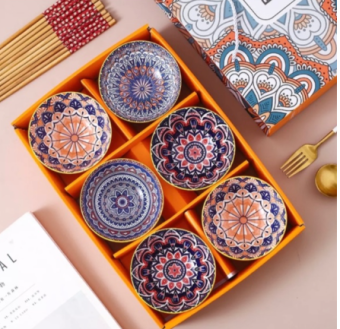 Bộ bát sứ chén đũa họa tiết thổ cẩm sang trọng 6 bát 6 đôi đũa Nhật Bản