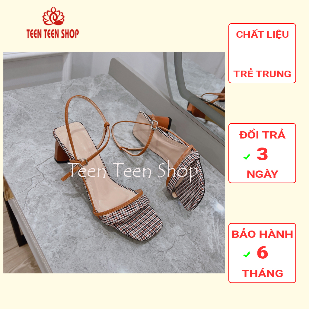 Giày sandal nữ quai chéo đế trụ 5 phân, Guốc phối kẻ caro, Teen Teen Shop.