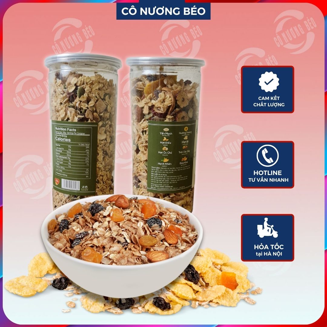 Granola yến mạch siêu hạt Ngũ cốc dinh dưỡng ăn kiêng giảm cân cao cấp hũ 500g - đồ ăn vặt cô nương béo