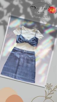 Bộ váy áo croptop thắt nơ ngực giả jean VENUS SECRET màu xanh 1WS7SL002