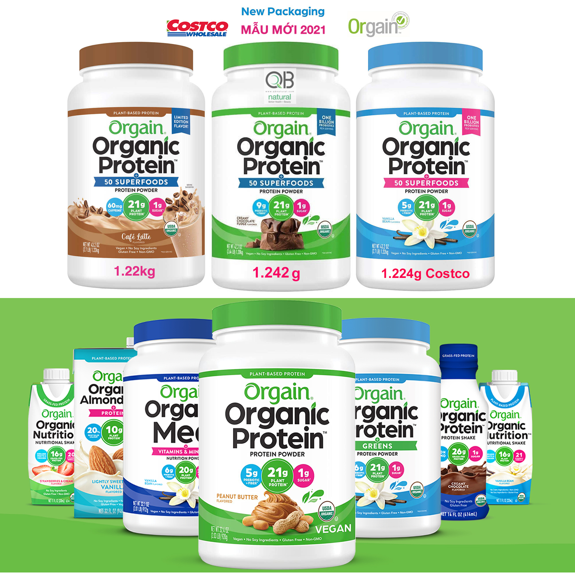 Orgain Organic Protein Bột đạm thực vật hữu cơ, Plant Based Protein Powder, hương chocolate, hương superfood Vanilla, Chocolate 1.242kg, hàng Mỹ