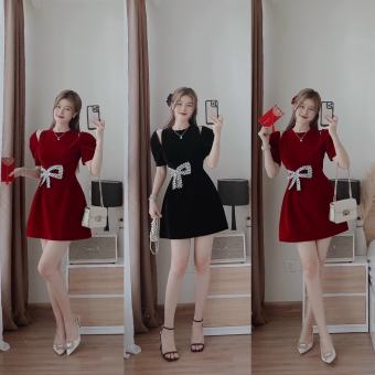 Váy đầm nữ dáng xòe tay ngắn cổ tròn khoét vai phối nơ kim sa xinh xắn dễ thương DX