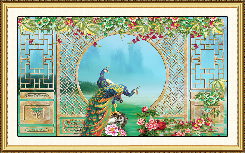 Tranh dán tường VTC Đôi chim công bên ô cửa Lunawall-0100K phủ kim sa