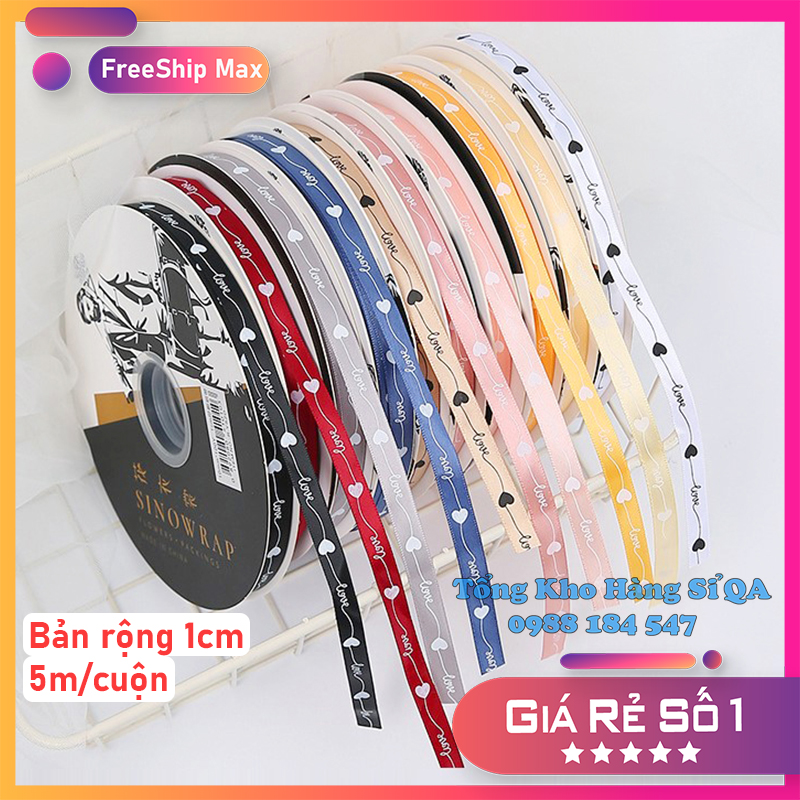 Ruy băng lụa size 1cm in hình Tim LOVE