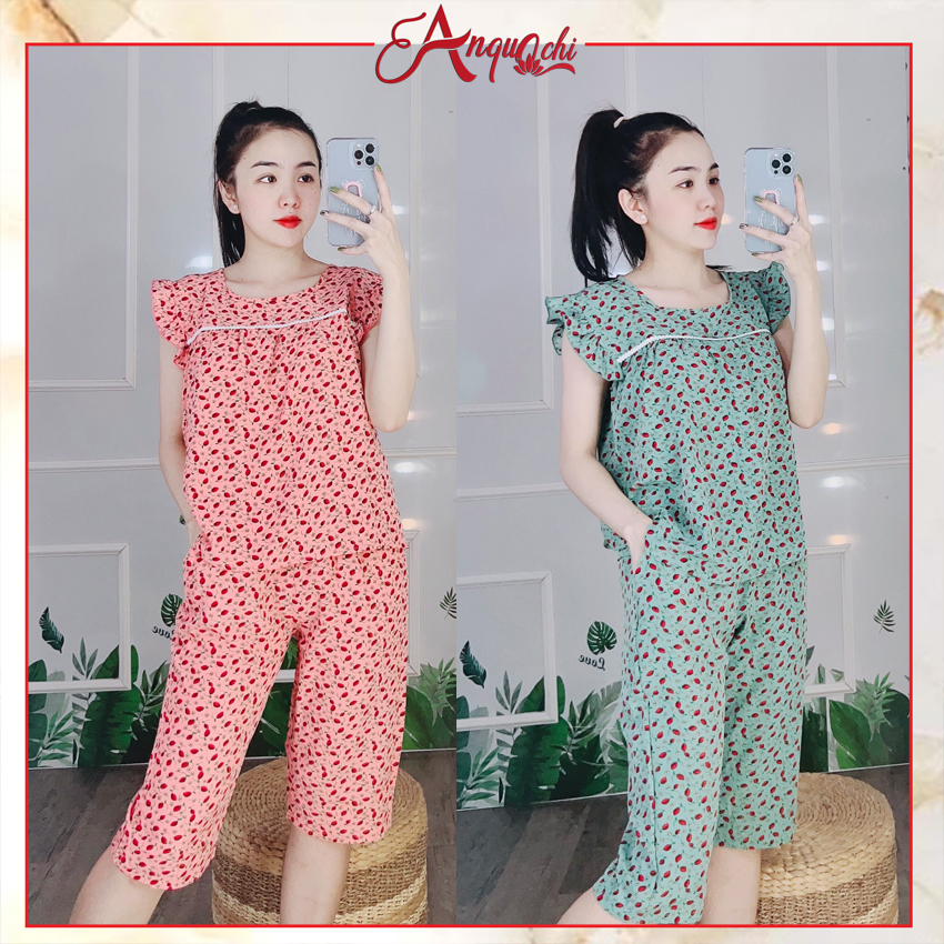 Đồ bộ nữ mặc nhà anquachi quần lửng lụa hoa nhí lưng thun mặc ở nhà đẹp đi chơi dễ thương a074