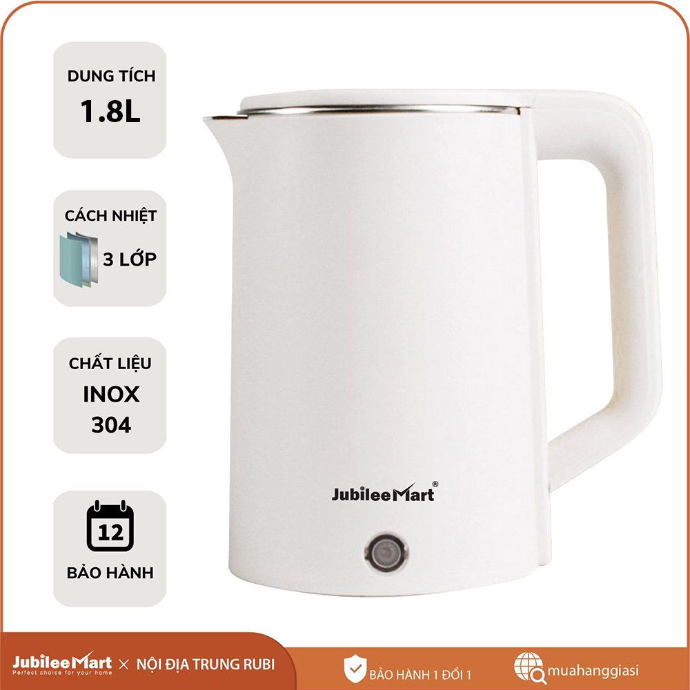 [ GIAO NHANH] Ấm đun nước siêu tốc Dung Tích 1.8L, Công Suất 1500W, Thân Ấm 3 Lớp Nhựa PP Bền Bỉ, Đế Tiếp Điện Xoay 360 Độ, Tự Động Ngắt Khi Sôi - Hàng chính hãng Jubilee - BẢO HÀNH 12 THÁNG