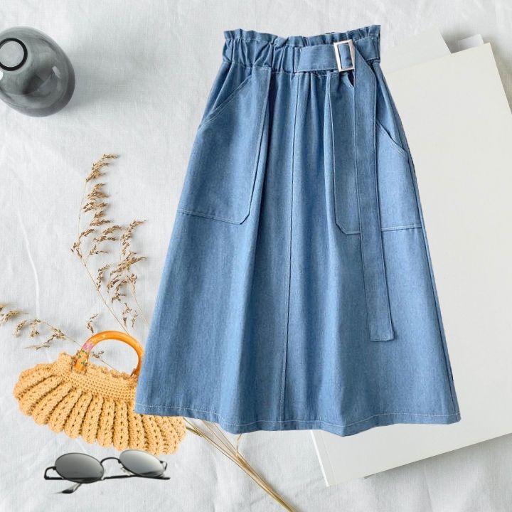 Chân váy denim lưng cao, dáng xòe quyến rủ dài 60cm thiết kế dây eo cá tính chuẩn phong cách ulzzang trẻ trung cá tính vannhshop cv0077
