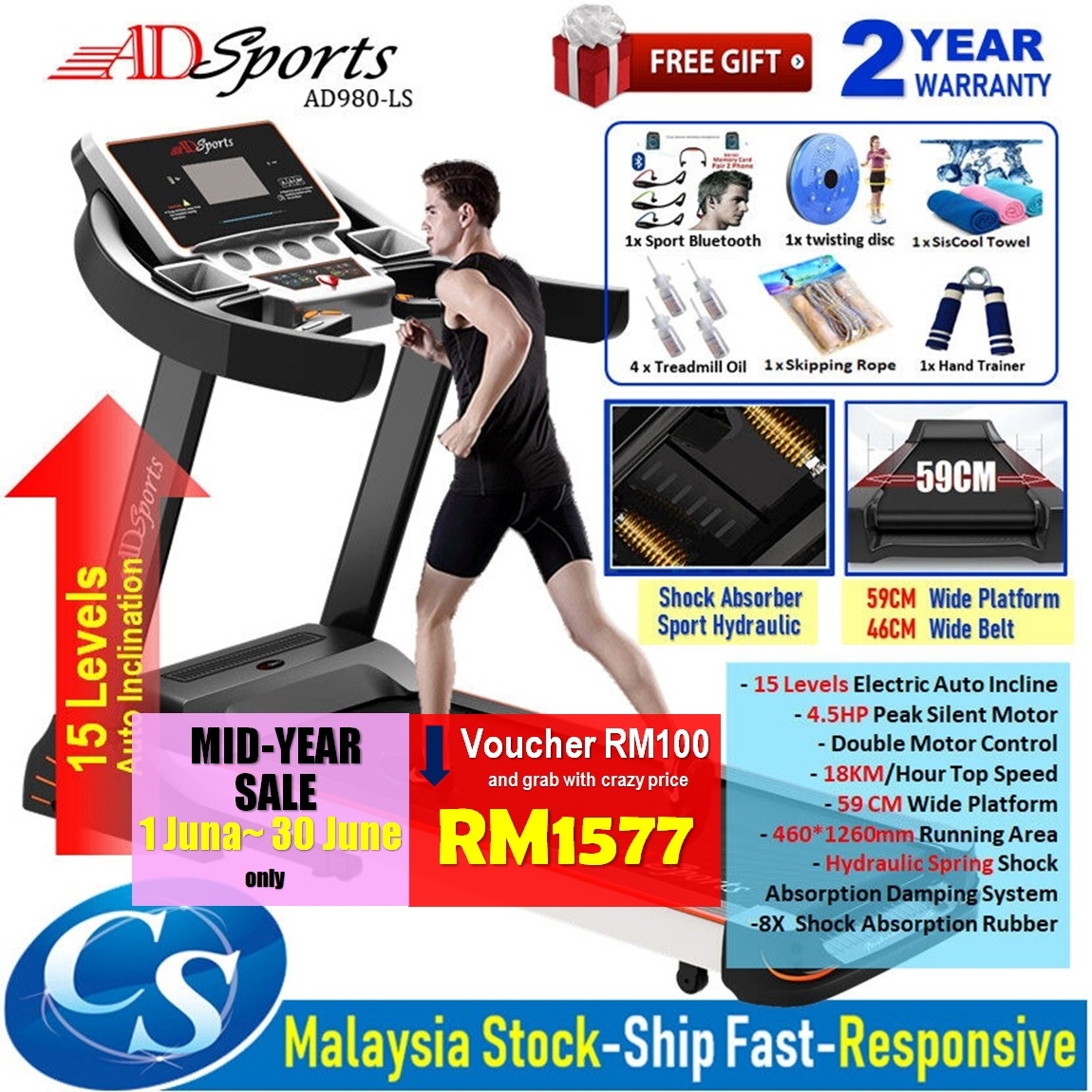 Csmall:2 Year Warranty - Free 8Gifts - 3.0Hp Adsports Ad509 Home Exercise Gym Fitness Electric Motorized Treadmill Running Machine Mesin Senaman Aerobik Lari | Lazada