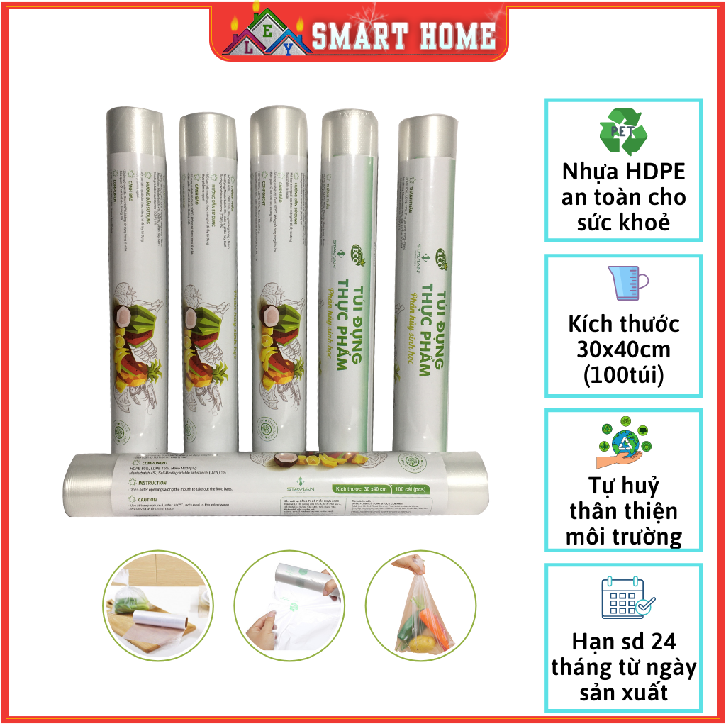 Túi đựng thực phẩm sinh học tự hủy ECO GREEN dai dầy KT 30*40cm (100 Cái/Cuộn)