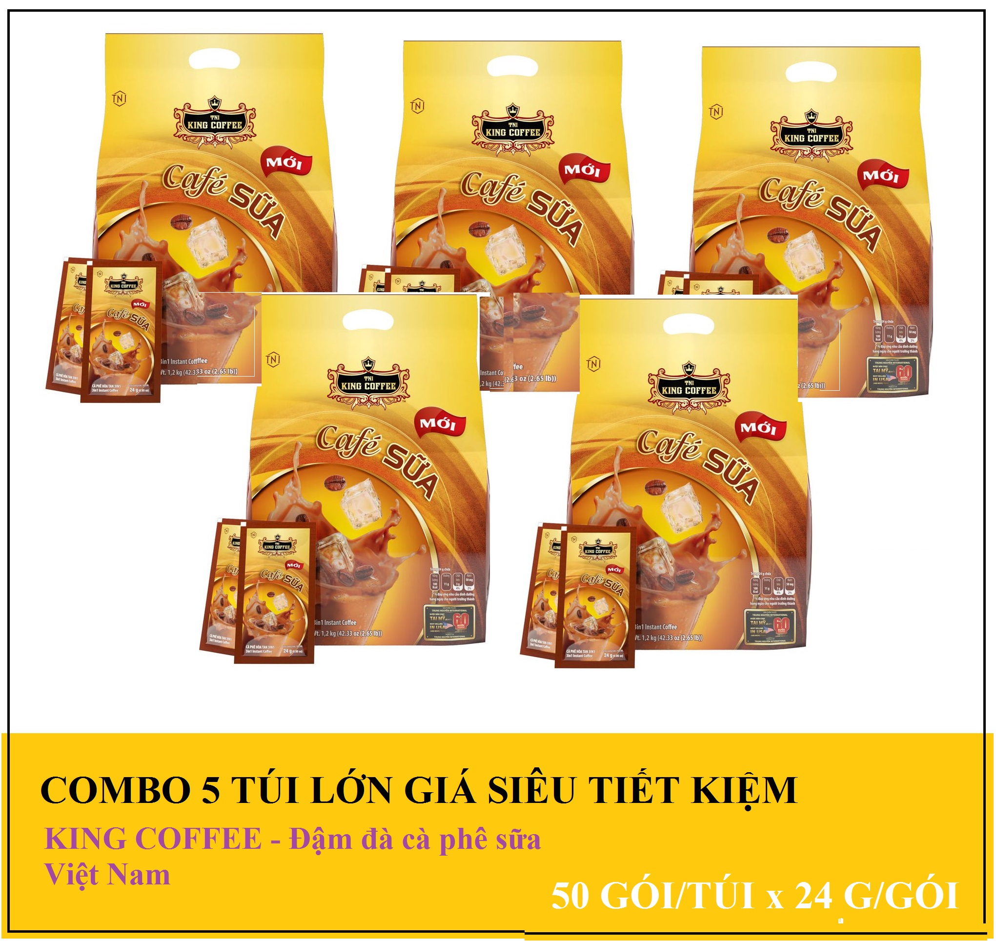 Cần 1.020.000đ/5 túi lớn x 50 gói/túi x 24g/gói cà phê sữa hòa tan 3 in 1 king coffee - đậm đà cà phê sữa việt nam
