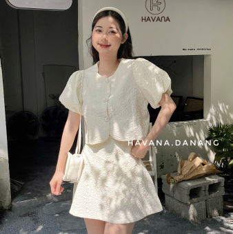 Set áo croptop xốp tay phồng kèm chân váy, set áo kèm chân váy có lớp lót HE69