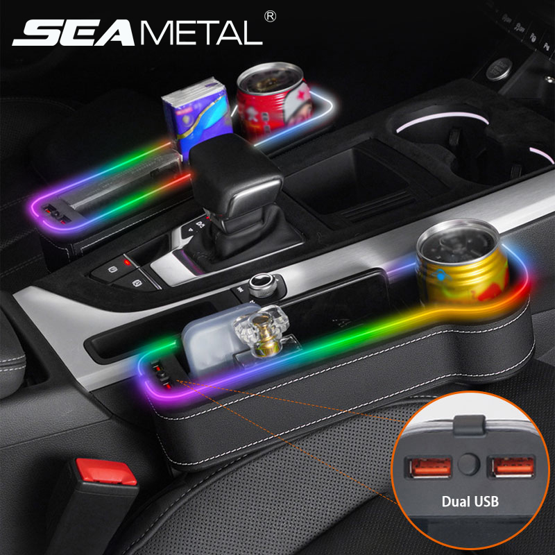 Hộp lưu trữ thông quan xe hơi với đèn xung quanh rgb hộp lưu trữ thông quan ghế xe hơi có thể sạc lại hộp lưu trữ xe hơi