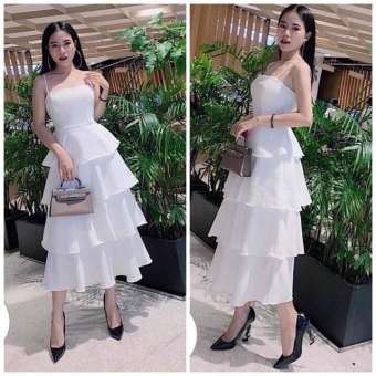 Đầm hai dây Maxi trắng 4 tầng