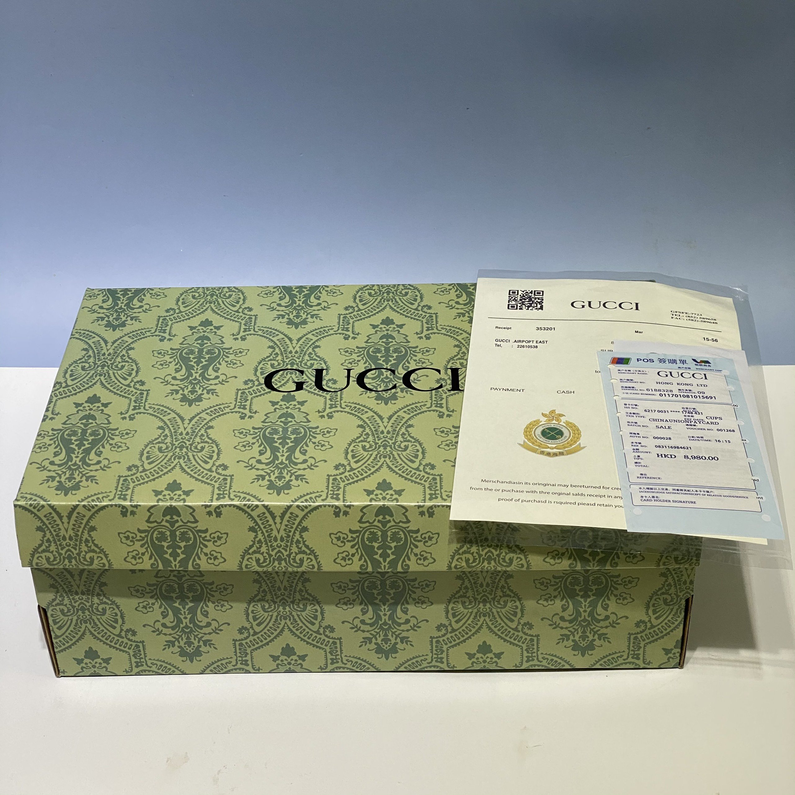 Hộp Giấy Carton đựng giày dép, Hộp mũ Gucci XANH + Bill thẻ + Giấy gói Nhật xịn chuẩn Fullbox