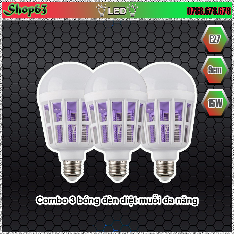 Combo 3 bóng đèn diệt muỗi đa năng 15W - tắt mở liên tục để chuyển đổi 3 chế độ (ánh sáng trắng - đèn ngủ - diệt muỗi)