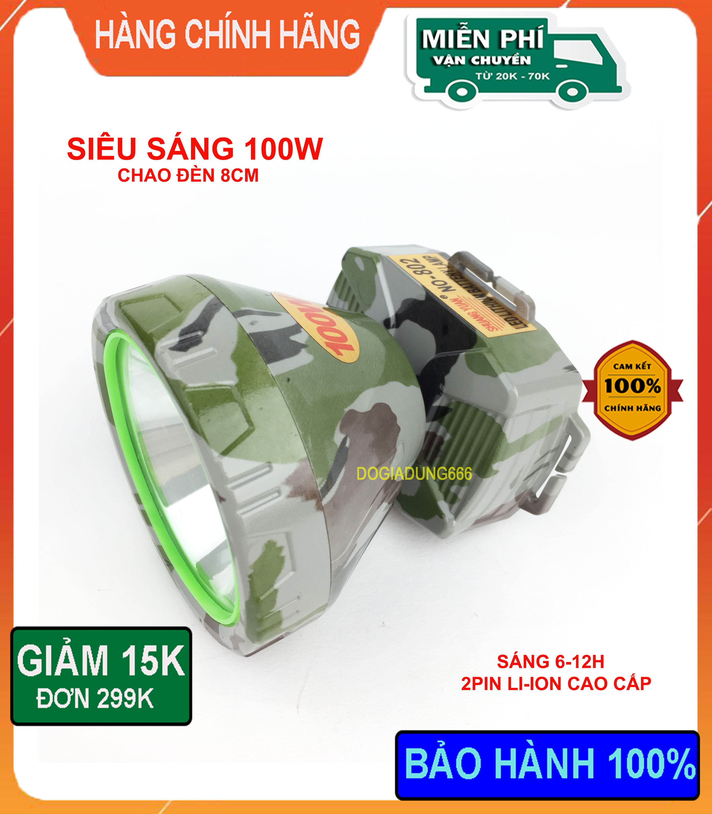 Đèn pin đội đầu 802 LED 100w siêu sáng chống nước ánh sáng Vàng hoặc Trắng đèn thợ mỏ đi rừng đi câu đi biển đi soi ếch