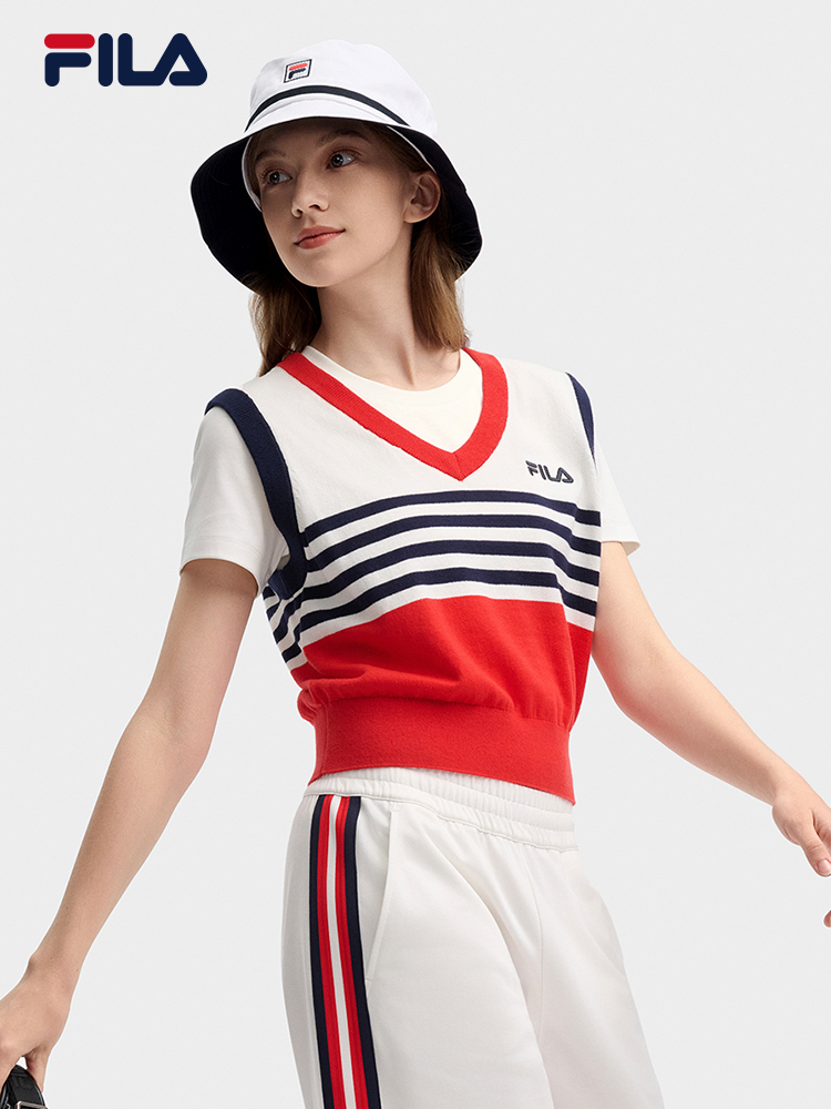 [NEW COLOR!] FILA CORE LIFESTYLE ORIGINALE FRENCH TENNIS CLUB Women Short Sleeve T-shirt + Sleeveless Knit Vest Set (Red / Blue)