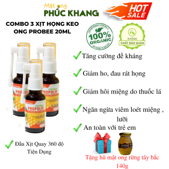 *Mật Ong Phúc Khang - Combo 3 chai keo ong xịt họng PROBEE 20ml - Xịt họng thảo dược - ống xịt quay 360 độ tiện lợi  -Tăng cường đề kháng mùa covid - giảm ho - kháng khuẩn vòm họng - An toàn cho trẻ em và người g