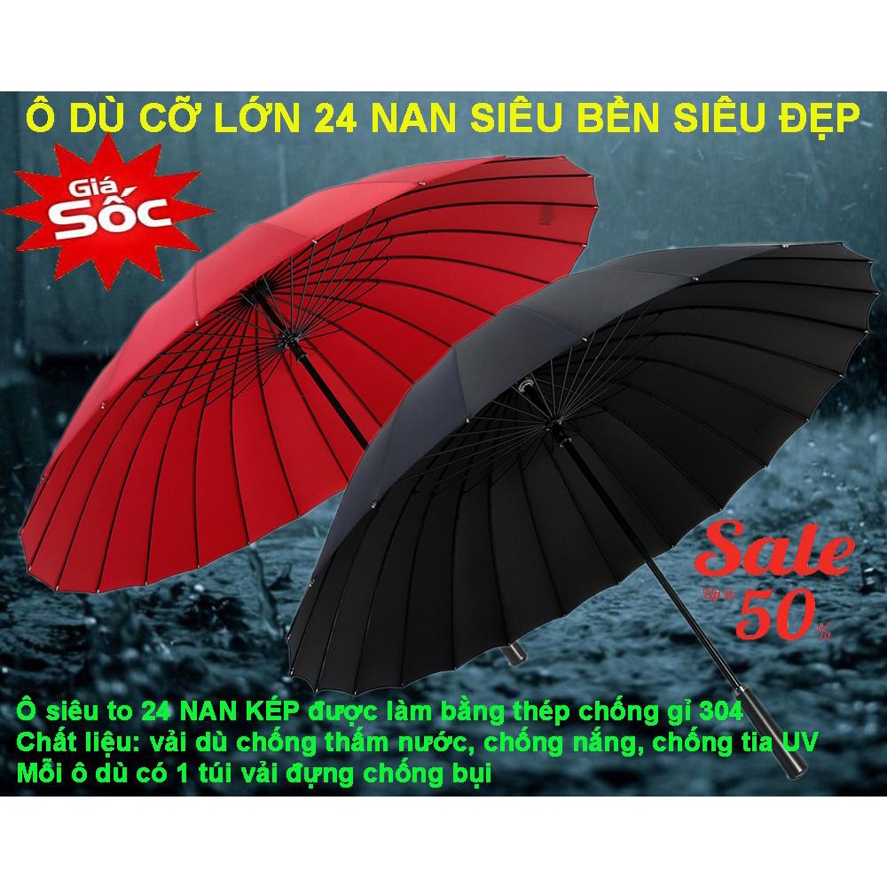 Dù đi mưa cỡ lớn 24 nan, ô dù cán dài,thiết kế 24 khung nan thép chắc chắn chống lật, vải dù chống nước chống tia uv ô đi mưa cán dài 24 nan chống lật, dù đi mưa