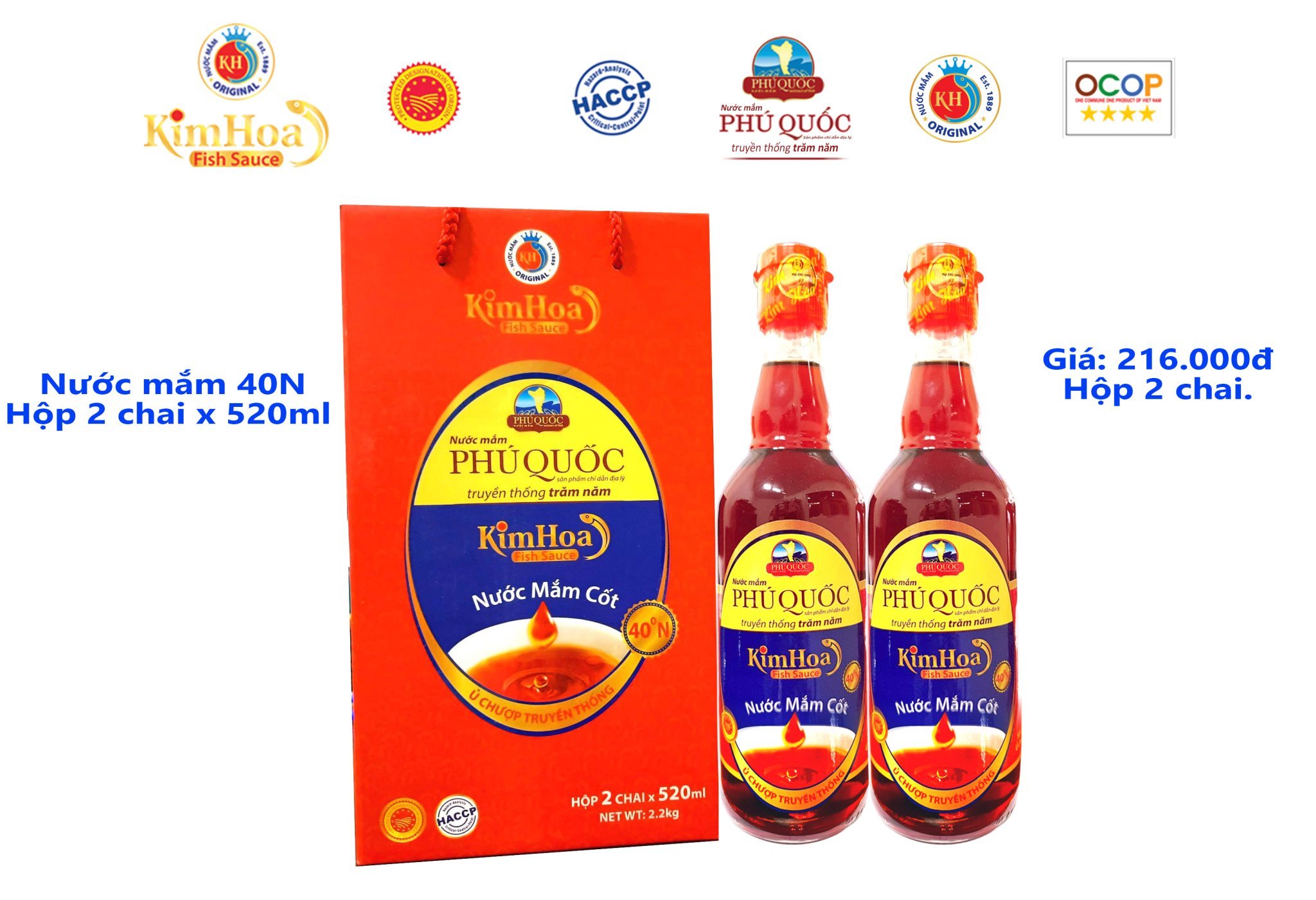 Nước mắm cốt kim hoa phú quốc 40 độ đạm, hộp 2 chai 520ml