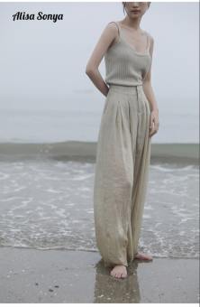 Alisa.Sonya Quần Ống Rộng Vải Lanh Tencel Quần Thường Ngày Mỏng Xếp Nếp Cạp Cao