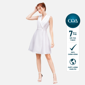 Đầm mini nữ cổ vest CQA sát nách dáng xòe đắp tà chất Scuba Crepe dày đứng form đầm công sở, đầm dự tiệc CQA0078