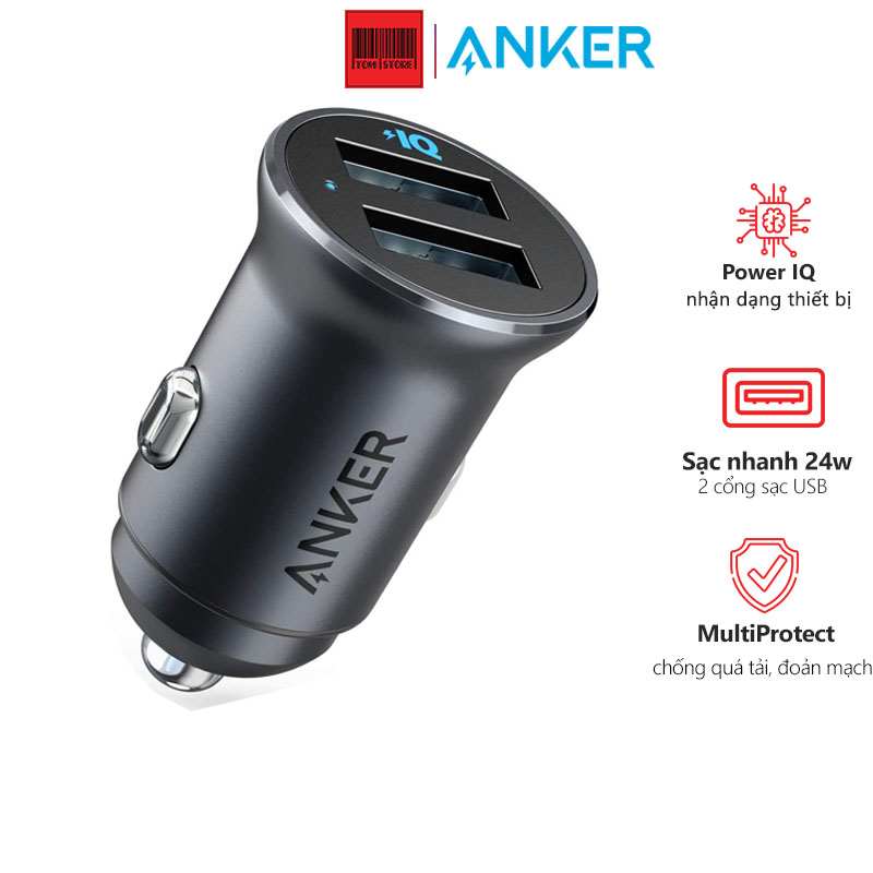 Tẩu sạc ô tô Anker PowerDrive 2 Alloy A2727 2 cổng USB, tẩu sạc ô tô 2 cổng usb công suất 24w, tẩu sạc nhỏ gọn