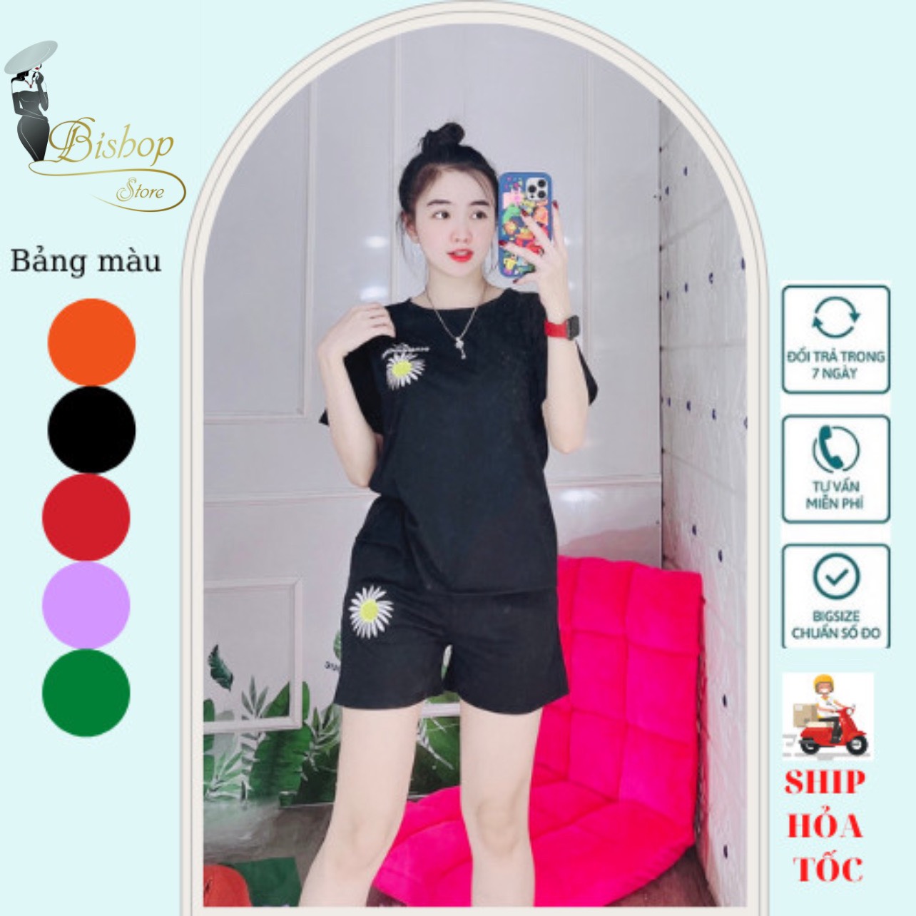 Set bộ thun đùi thêu chất liệu cotton