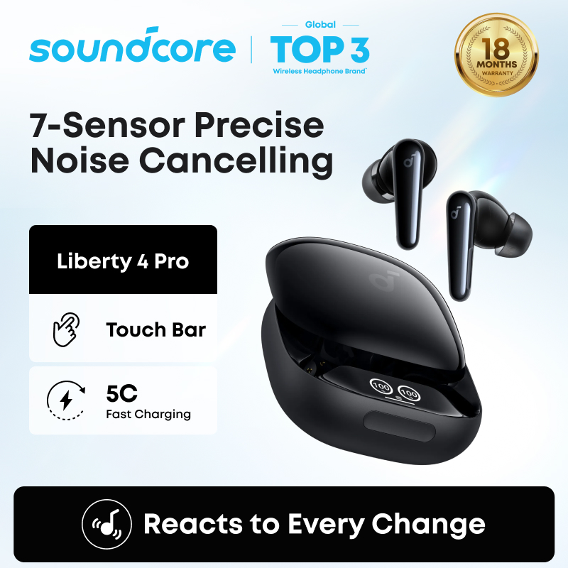 Soundcore Liberty 4 Pro by Anker, Noise Cancelling Wireless Earbuds, 7-Sensor and Real-Time Adaptive Noise Cancelling, 2× Faster Charging, Studio-Level Hi-Fi Music, Clear Calls with 6 Mics and AI A3954