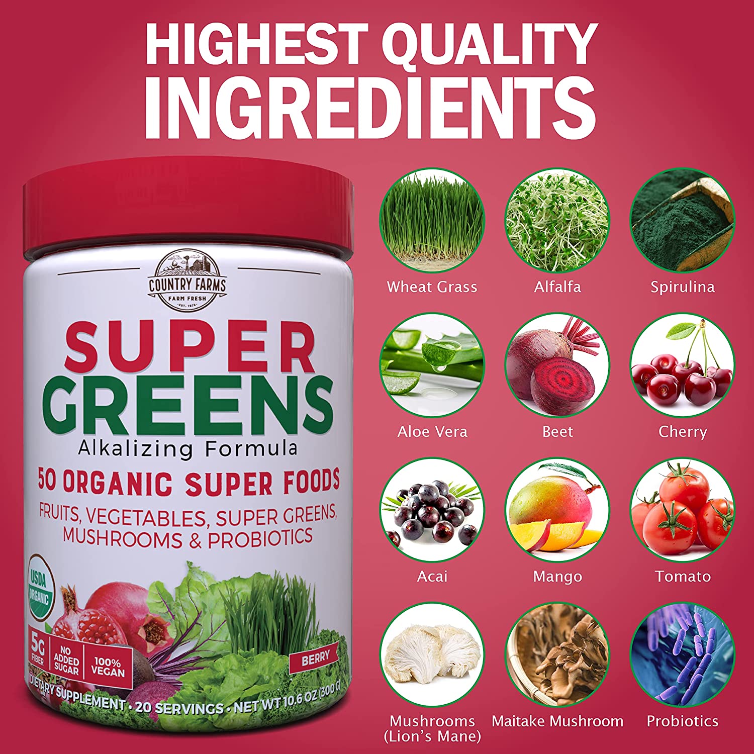 [Hoàn Tiền 15%]Hỗn hợp 50 siêu thực phẩm hữu cơ Country Farms Super Greens 300g
