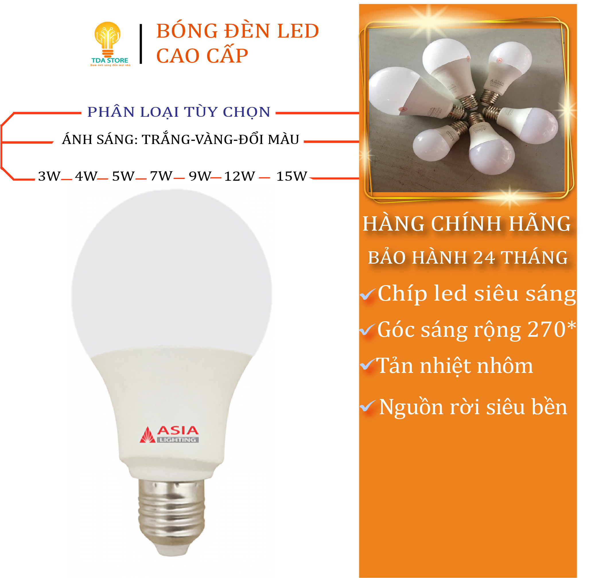 Bóng Đèn Led Tròn Công Suất 3W-15W Làm Việc Đọc Sách Hàng Chính Hãng ASIA