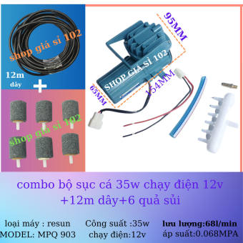MÁY SỤC SỦI THỔI KHÍ OXY - RESUN MPQ - 903 - SỬ DỤNG BÌNH ẮC QUY NGUỒN ĐIỆN 12V + 6 quả sủi + 12m dây CHO HỒ BỂ CẢ CẢNH - TÔM - CÁ | máy tạo khí oxi bể cá 12v-35w | máy sục oxi bể cá 35w | máy thổi sủi khí oxy bể cá