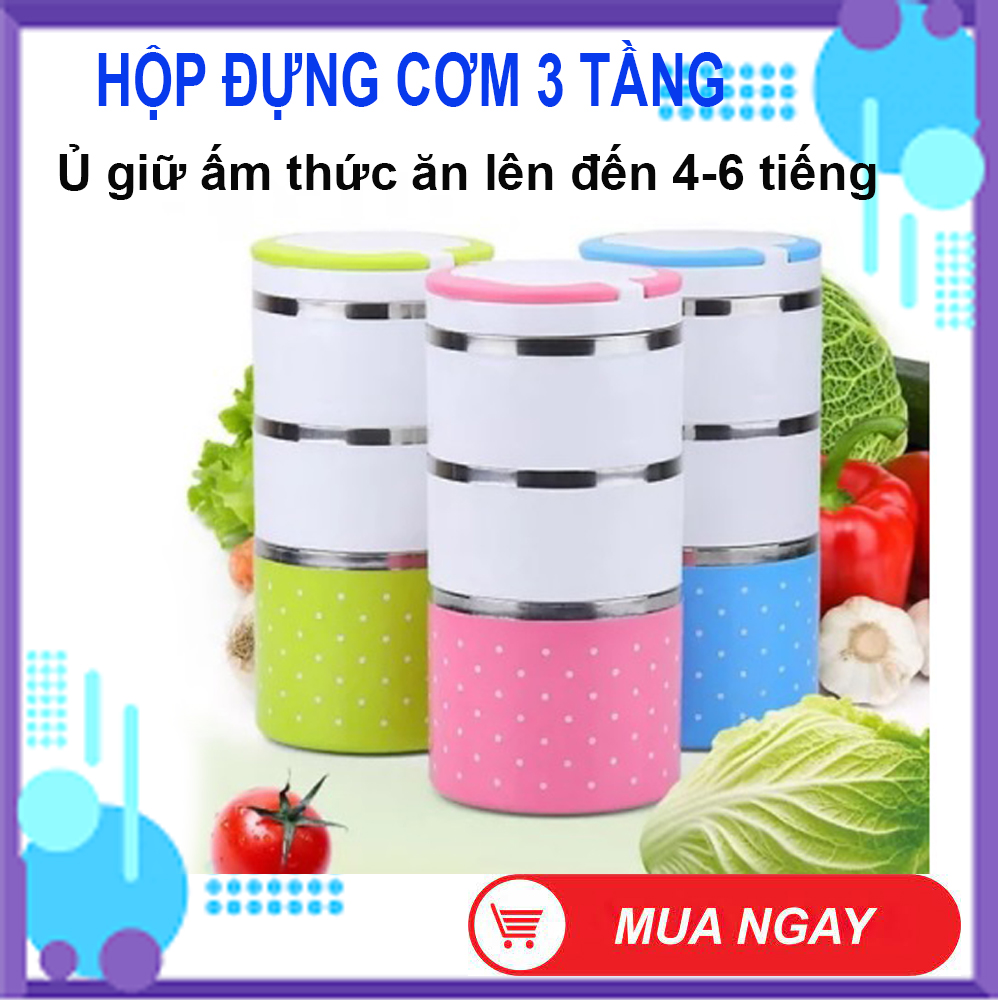 Hộp Đựng Thức Ăn Giữ Nhiệt, Hộp Cơm Văn Phòng, Hộp Đựng Cơm 3 Tầng Giữ Nhiệt. Thiết kế 3 tầng có nắp đậy chặt riêng biệt. Chất liệu ruột inox 304 cao cấp chống tràn, rò rỉ nước. Khả năng giữ ấm nóng thức ăn lên tới 4-6 tiếng. MUA NGAY!