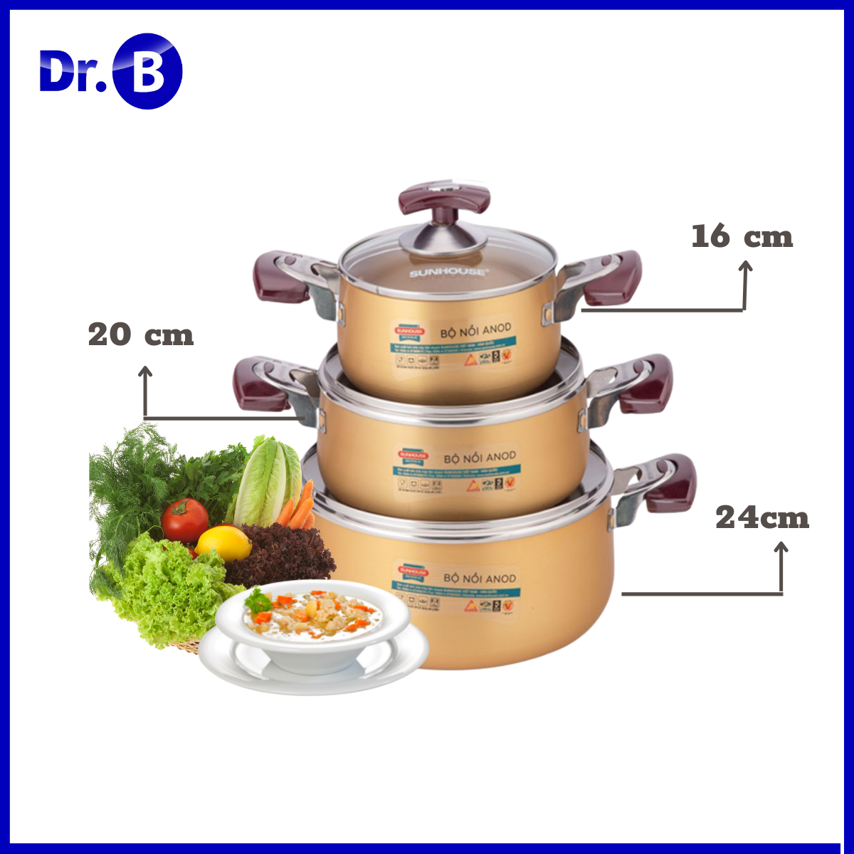 Bộ 3 nồi nhôm anod sunhouse SH 6634 chống dính 16-20-24cm (ảnh thật)