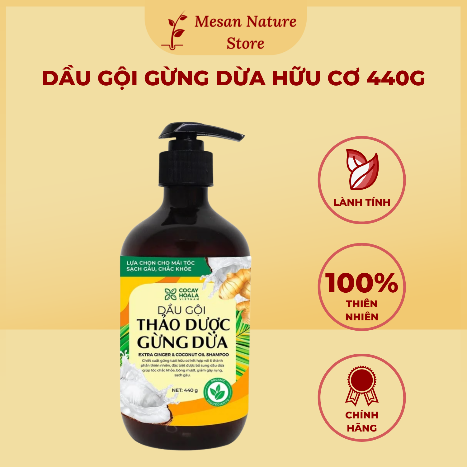 Dầu gội hữu cơ Cỏ Cây Hoa Lá gừng dừa cho mái tóc sạch gàu chắc khỏe óng mượt kích thích mọc tóc 440g