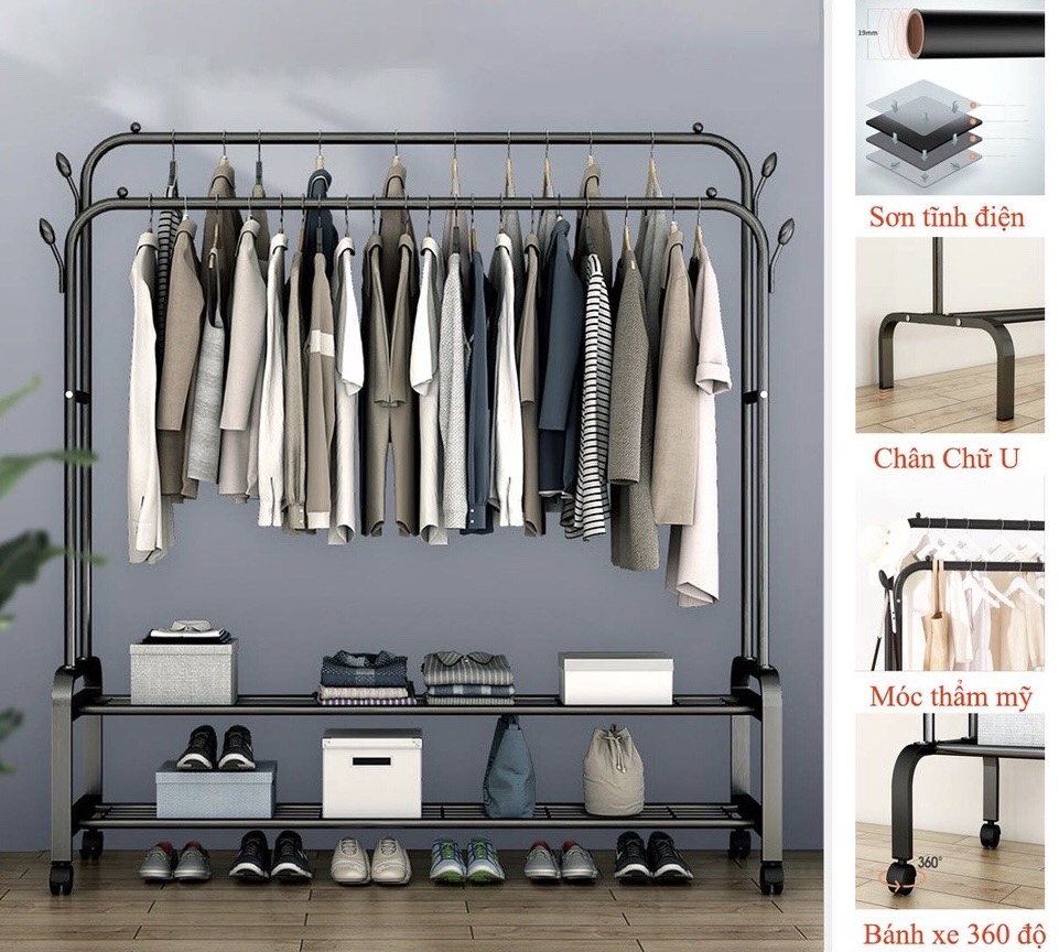 Giá treo quần áo 2 tầng bằng inox có bánh xe di chuyển kèm kệ để giày đa năng