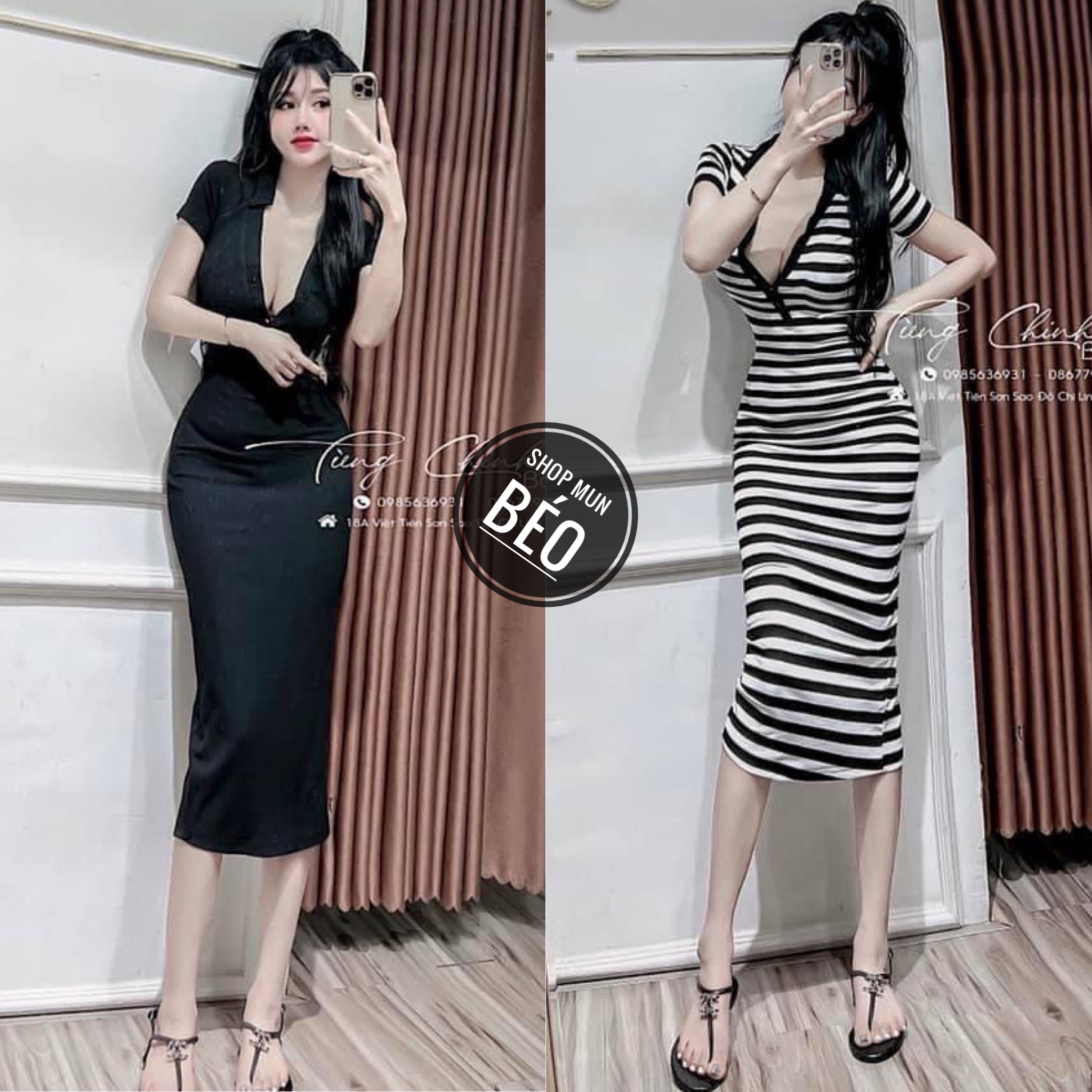 Đầm Body Cổ Trụ V Tay Ngắn Chất Thun Gân Thích Hợp Mặc Đi Tiệc Đi Làm Đi Chơi