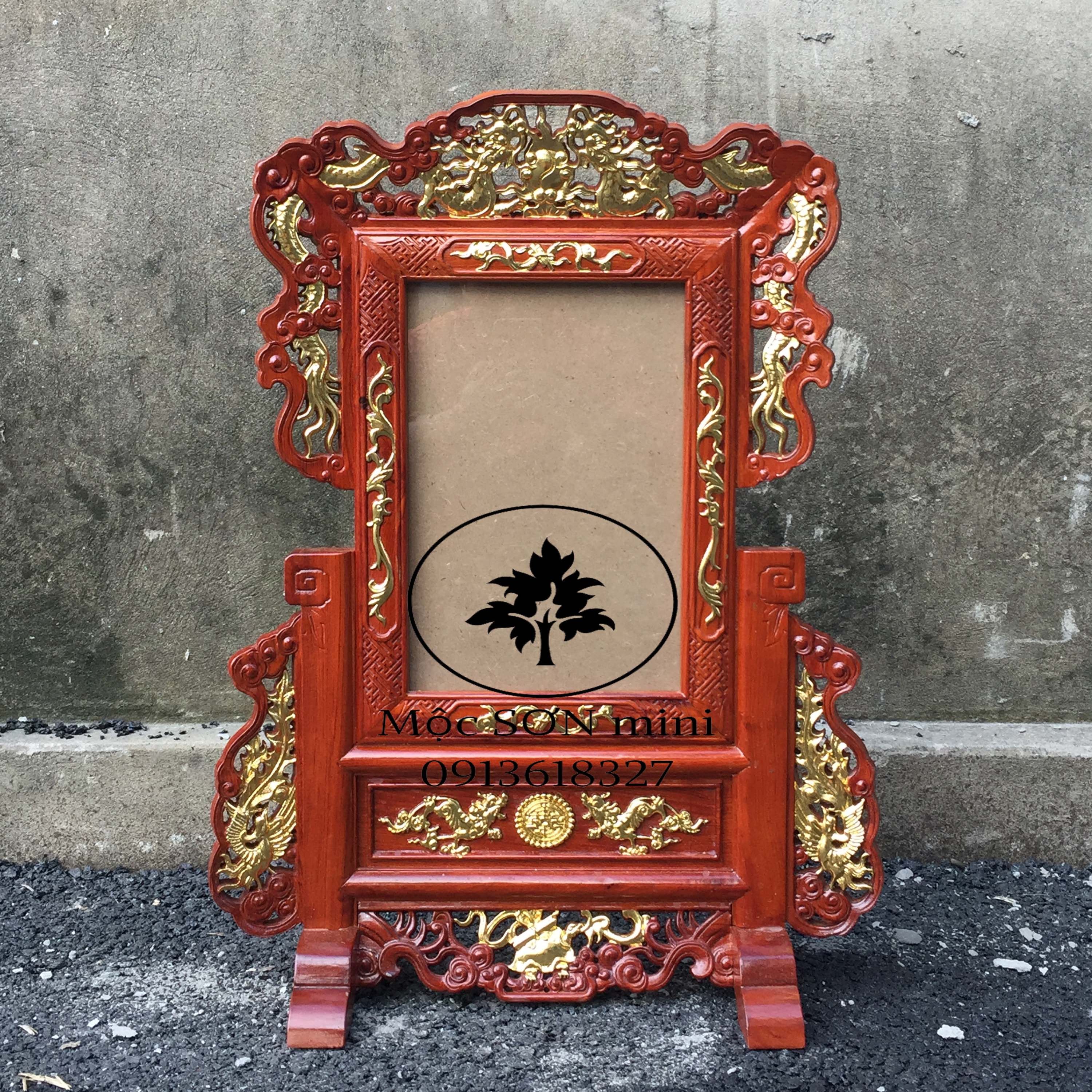 Khung ảnh thờ tứ linh gỗ hương rát vàng ,khung ảnh thờ rồng mạ vàng  cỡ ảnh 21x31 và 25x35