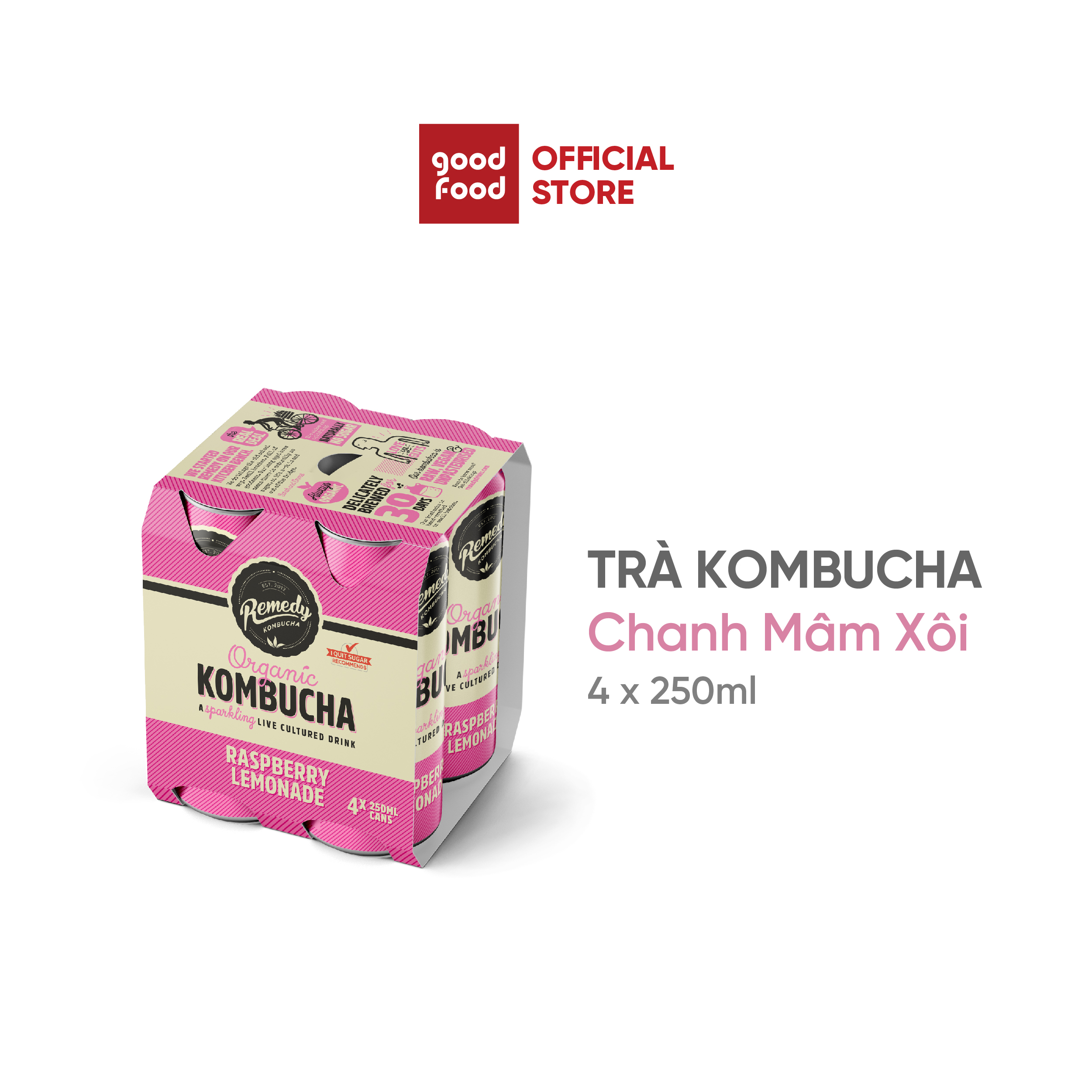 Trà hữu cơ lên men vi sinh Remedy Kombucha bổ sung lợi khuẩn – Vị Chanh mâm xôi | Lốc 4 lon 250ml