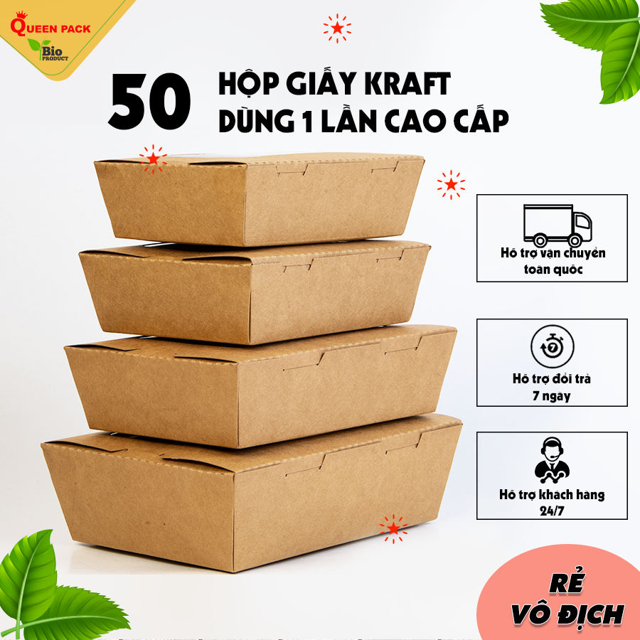 SET 50 Hộp giấy kraft chữ nhật đựng thức ăn - Thân thiện môi trường