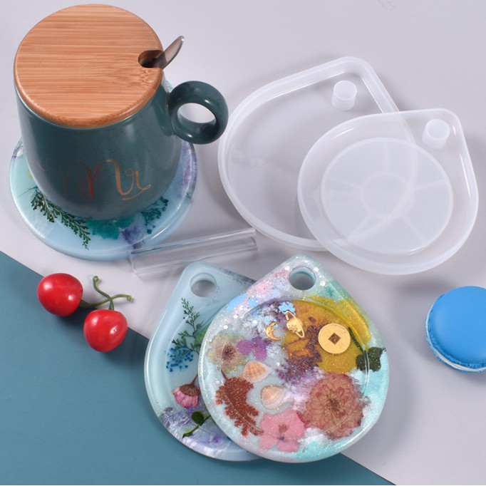 Khuôn Silicone Đúc Keo Epoxy Resin Làm Lót Ly Hình Giọt Nước Có Lỗ Treo Trang Trí DIY Resin Handmade