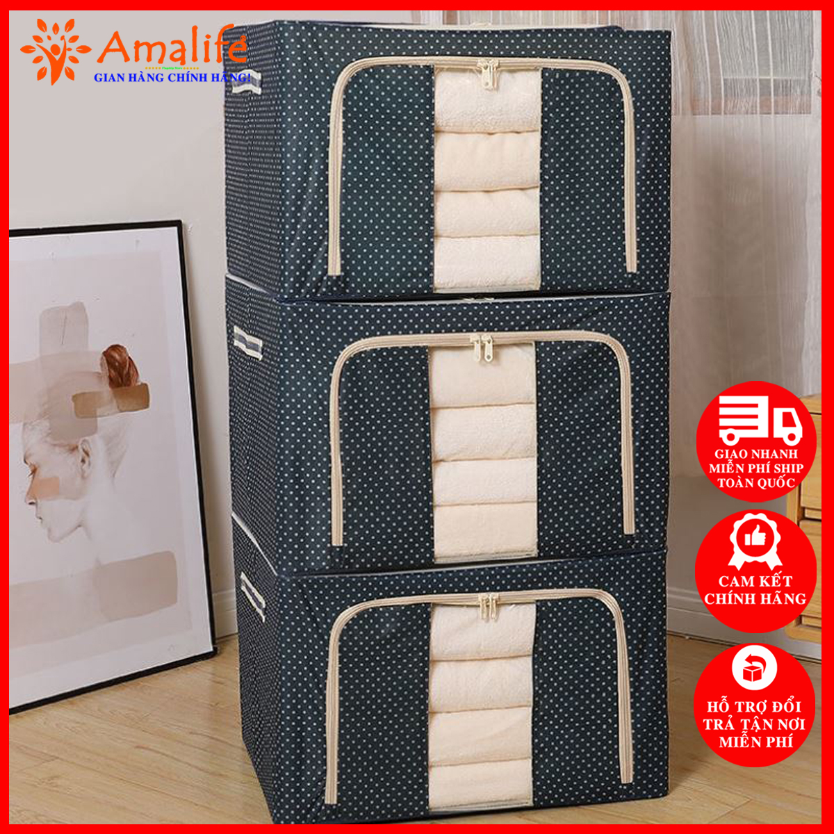 Combo 3 chiếc túi đựng chăn màn khung sắt cỡ lớn 66lit 5033cm – chọn màu rẻ hơn nhiều - hộp đựng đồ đa năng quần áo khung sắt cao cấp - túi đựng chăn màn khung sắt gấp gọn hãng amalife
