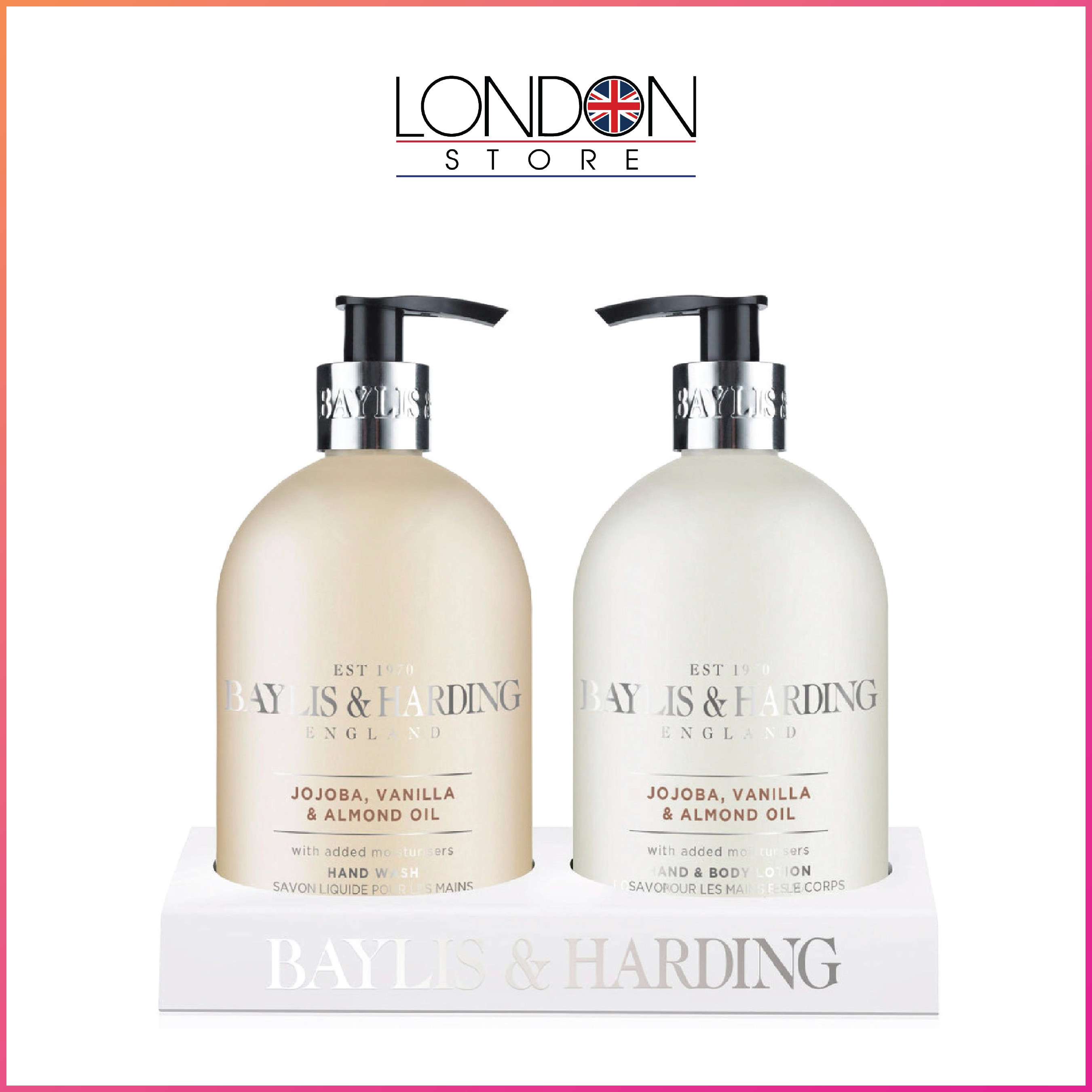 Baylis & Harding Jojoba, Vanilla & Almond Oil 2 Bottle Set In An Acrylic Rack - Set 2 món rửa tay và chăm sóc da bổ sung chất dưỡng ẩm 300ml