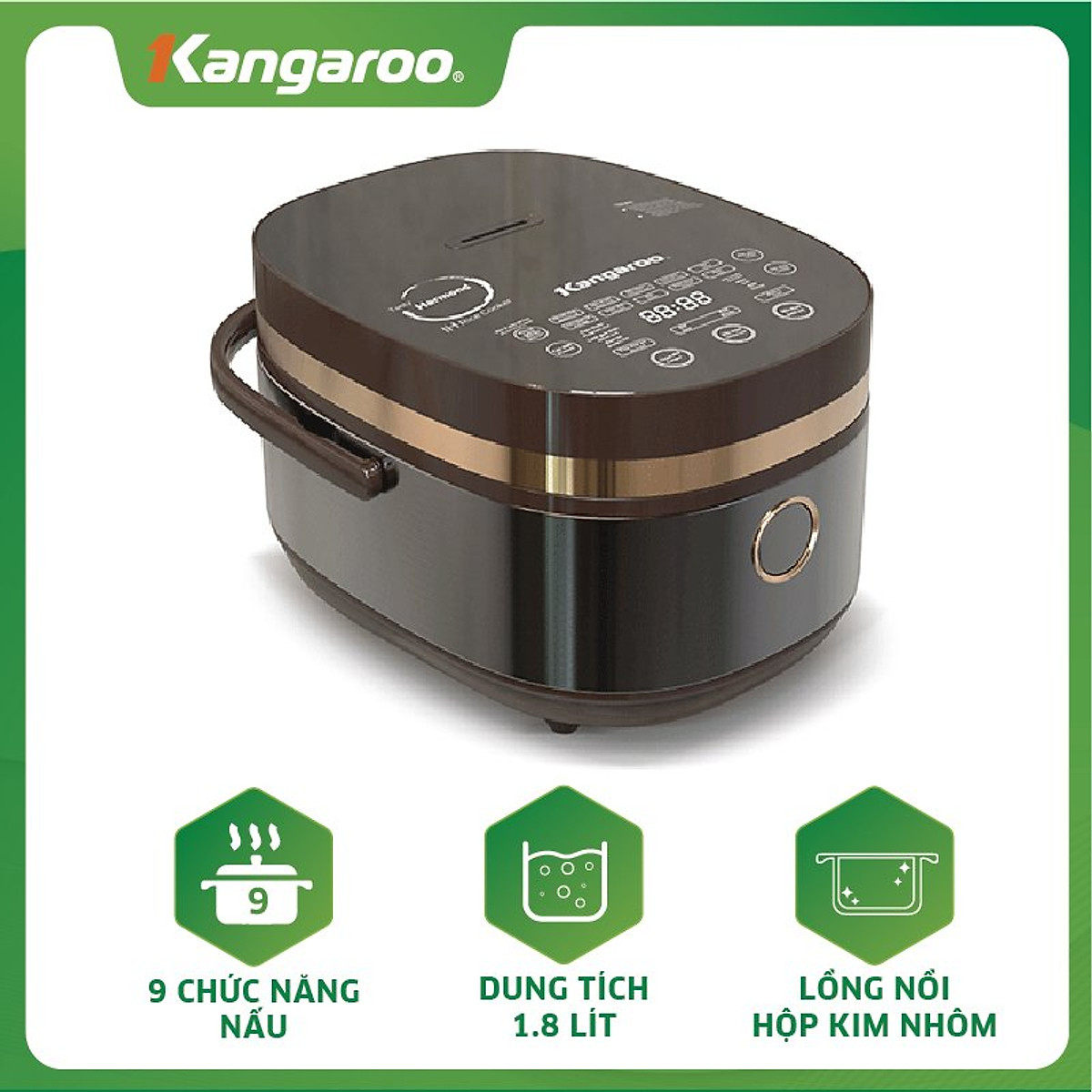 Nồi cơm điện cao tần kangaroo 1.8 lít kg599n chính hãng trưng bày mới 98-99%-lòng nồi bằng hợp kim nhôm 7 lớp -bảo hành 12 tháng