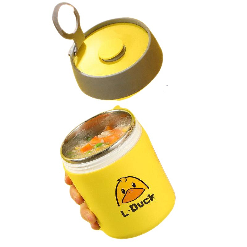 Bình ủ cháo cho bé, ca ủ cháo vịt vàng, ba lớp cách nhiệt, loại lớn 500ml, ủ cháo, tặng kèm muỗng