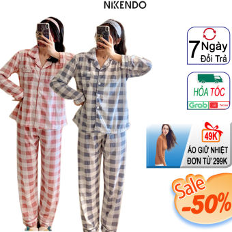 Xả Hàng -Bộ đồ nữ pijama tay dài Kẻ Caro Nikendo Chất Cotton Lụa Cao Cấp PJ1