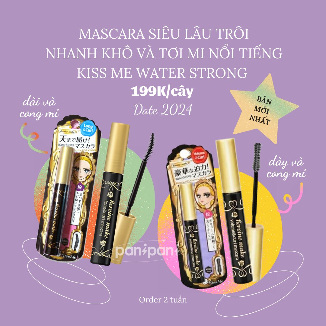 Mascara kiss me water strong long & curl + volume curl + kẻ mắt heroine