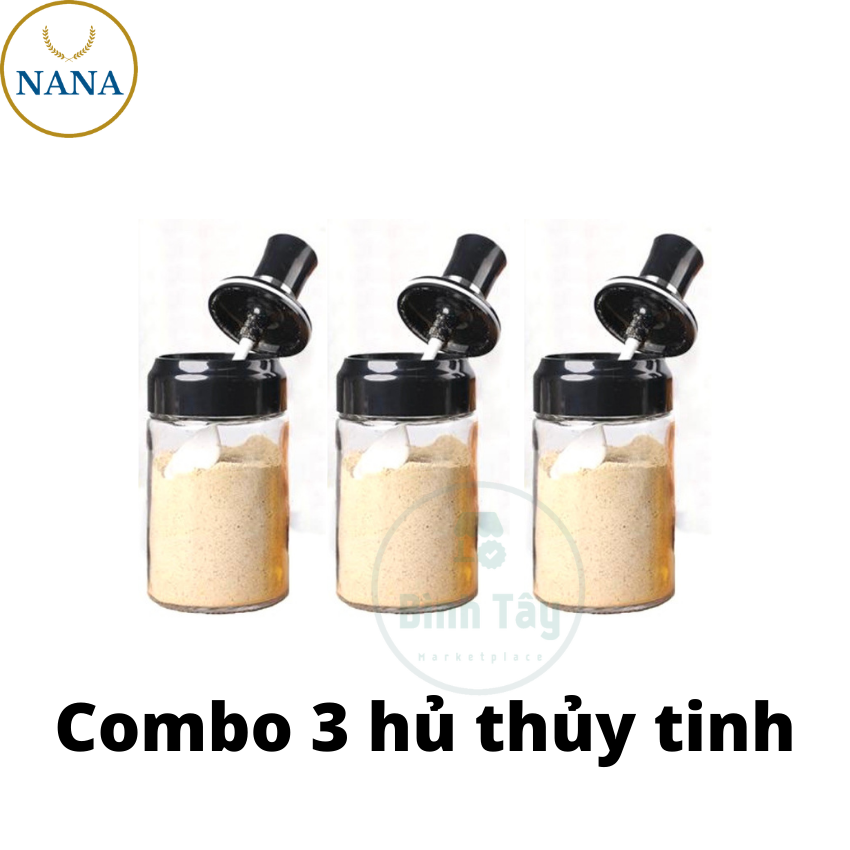 Combo 3 hủ thủy tinh gia vị kèm 3 muỗng 250ml để đung muối, ot, muối tiêu, duong, bột ngọt, bột nêm, gia vị nêm nếm khác. nv-k62