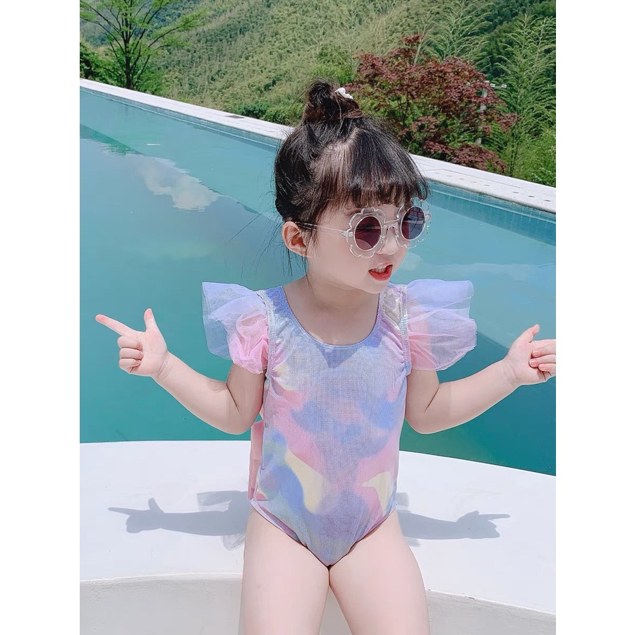 Bikini bé gái màu sắc cầu vồng nổi bật đính nơ